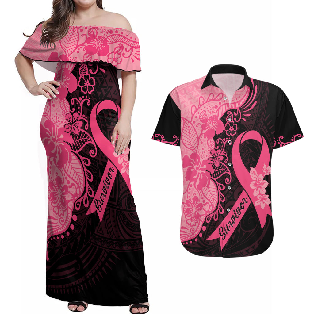 Polynesian Couples Matching Off Shoulder Maxi Dress and Hawaiian Shirt Plumeria Breast Cancer Awareness Survivor Ribbon Pink LT7 - Wonder Print Shop