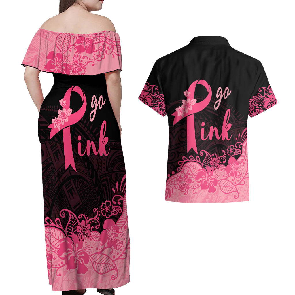 Polynesian Couples Matching Off Shoulder Maxi Dress and Hawaiian Shirt Plumeria Breast Cancer Awareness Survivor Ribbon Pink LT7 - Wonder Print Shop