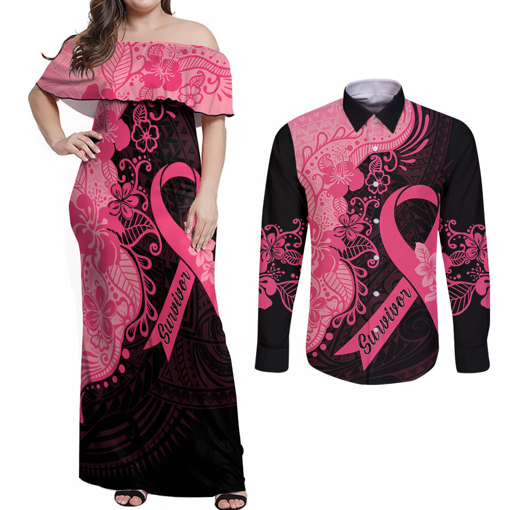 Polynesian Couples Matching Off Shoulder Maxi Dress and Long Sleeve Button Shirts Plumeria Breast Cancer Awareness Survivor Ribbon Pink LT7 - Wonder Print Shop