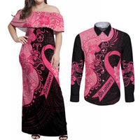 Polynesian Couples Matching Off Shoulder Maxi Dress and Long Sleeve Button Shirts Plumeria Breast Cancer Awareness Survivor Ribbon Pink LT7 - Wonder Print Shop