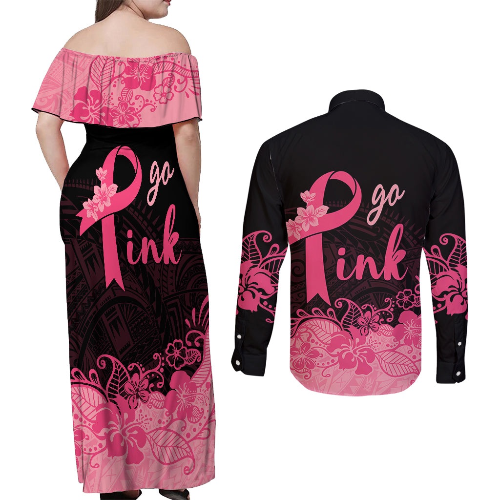 Polynesian Couples Matching Off Shoulder Maxi Dress and Long Sleeve Button Shirts Plumeria Breast Cancer Awareness Survivor Ribbon Pink LT7 - Wonder Print Shop