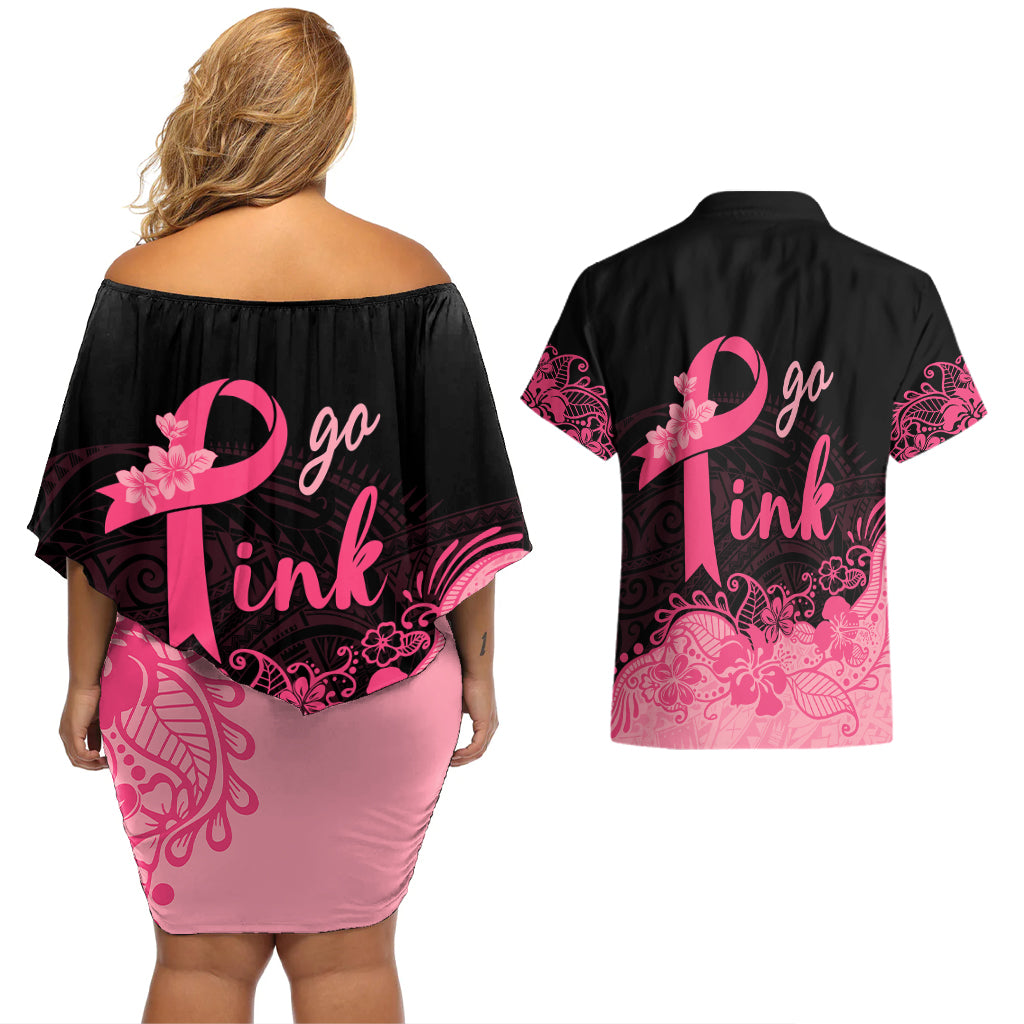 Polynesian Couples Matching Off Shoulder Short Dress and Hawaiian Shirt Plumeria Breast Cancer Awareness Survivor Ribbon Pink LT7 - Wonder Print Shop