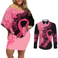 Polynesian Couples Matching Off Shoulder Short Dress and Long Sleeve Button Shirts Plumeria Breast Cancer Awareness Survivor Ribbon Pink LT7 - Wonder Print Shop