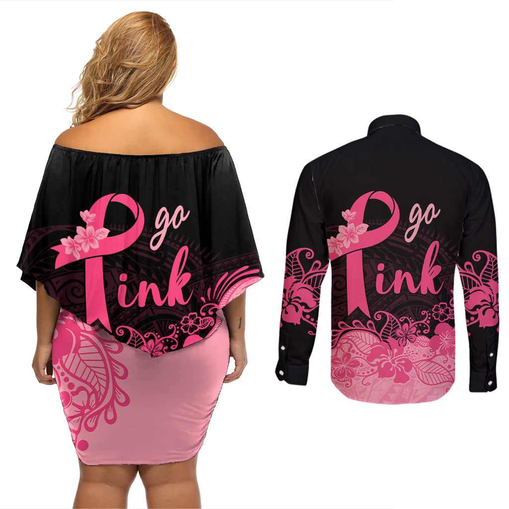 Polynesian Couples Matching Off Shoulder Short Dress and Long Sleeve Button Shirts Plumeria Breast Cancer Awareness Survivor Ribbon Pink LT7 - Wonder Print Shop