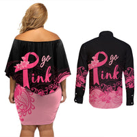 Polynesian Couples Matching Off Shoulder Short Dress and Long Sleeve Button Shirts Plumeria Breast Cancer Awareness Survivor Ribbon Pink LT7 - Wonder Print Shop