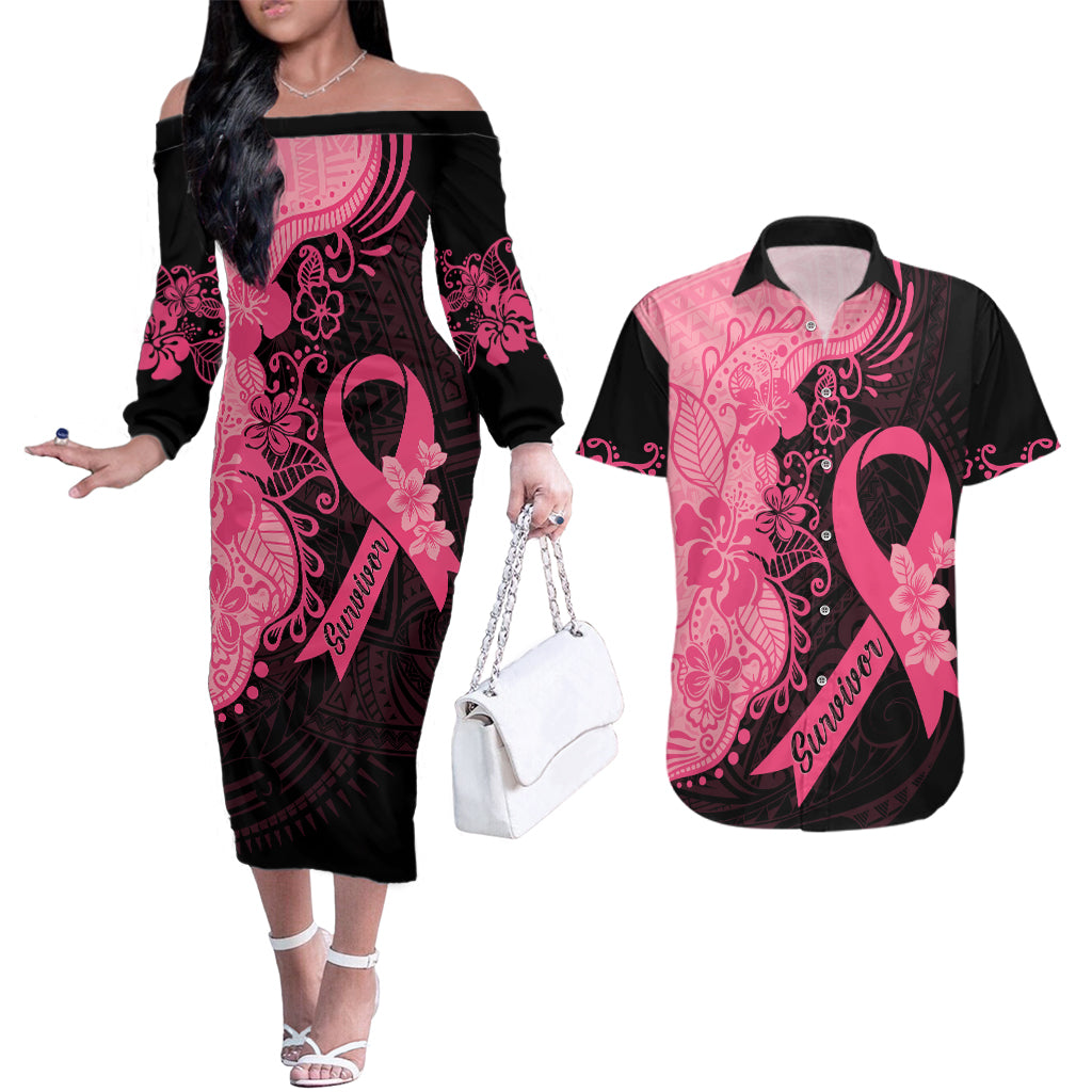 Polynesian Couples Matching Off The Shoulder Long Sleeve Dress and Hawaiian Shirt Plumeria Breast Cancer Awareness Survivor Ribbon Pink LT7 - Wonder Print Shop