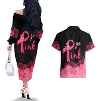 Polynesian Couples Matching Off The Shoulder Long Sleeve Dress and Hawaiian Shirt Plumeria Breast Cancer Awareness Survivor Ribbon Pink LT7 - Wonder Print Shop