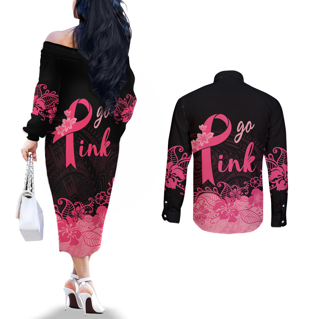 polynesian-couples-matching-off-the-shoulder-long-sleeve-dress-and-long-sleeve-button-shirts-plumeria-breast-cancer-awareness-survivor-ribbon-pink