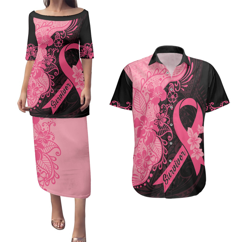 Polynesian Couples Matching Puletasi Dress and Hawaiian Shirt Plumeria Breast Cancer Awareness Survivor Ribbon Pink LT7 - Wonder Print Shop
