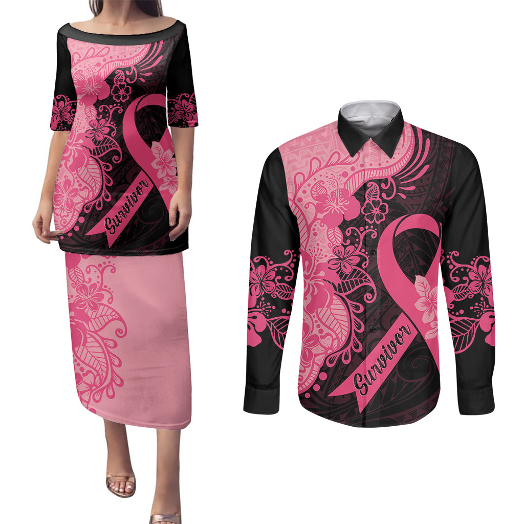 Polynesian Couples Matching Puletasi Dress and Long Sleeve Button Shirts Plumeria Breast Cancer Awareness Survivor Ribbon Pink LT7 - Wonder Print Shop