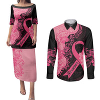 Polynesian Couples Matching Puletasi Dress and Long Sleeve Button Shirts Plumeria Breast Cancer Awareness Survivor Ribbon Pink LT7 - Wonder Print Shop