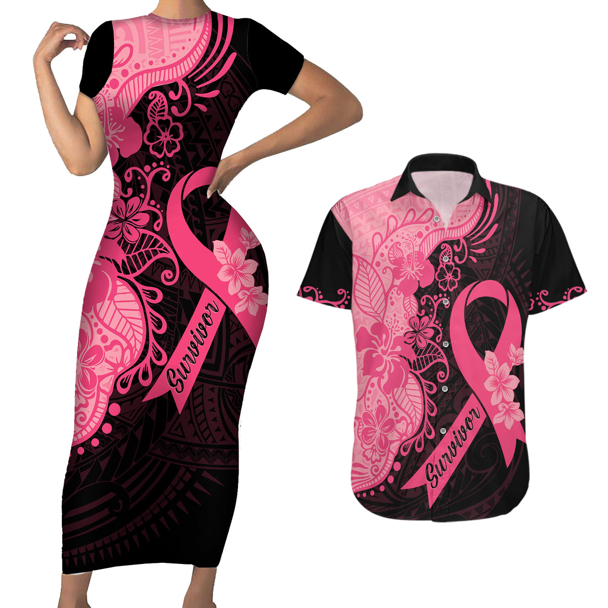 Polynesian Couples Matching Short Sleeve Bodycon Dress and Hawaiian Shirt Plumeria Breast Cancer Awareness Survivor Ribbon Pink LT7 - Wonder Print Shop