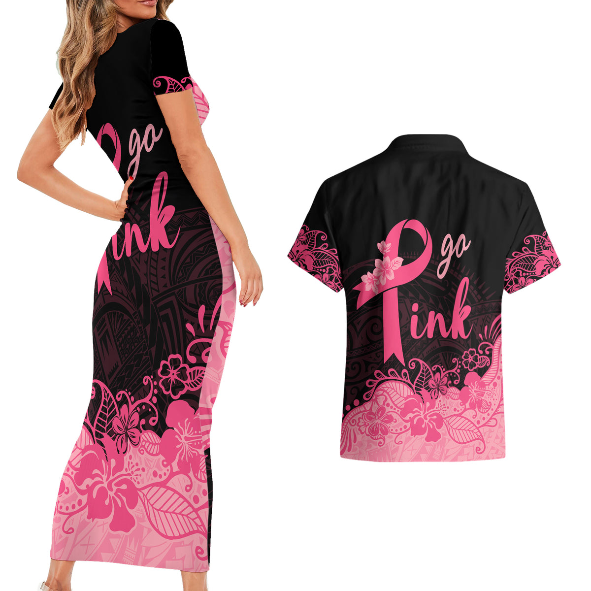 Polynesian Couples Matching Short Sleeve Bodycon Dress and Hawaiian Shirt Plumeria Breast Cancer Awareness Survivor Ribbon Pink LT7 - Wonder Print Shop