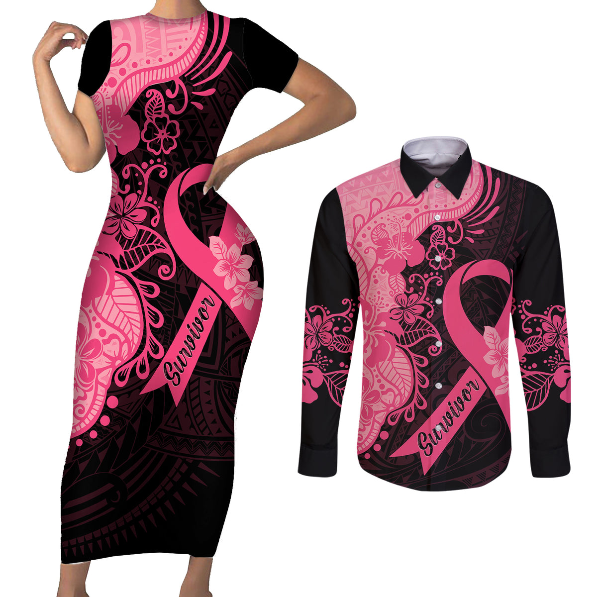 Polynesian Couples Matching Short Sleeve Bodycon Dress and Long Sleeve Button Shirts Plumeria Breast Cancer Awareness Survivor Ribbon Pink LT7 - Wonder Print Shop