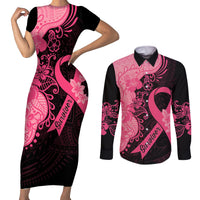Polynesian Couples Matching Short Sleeve Bodycon Dress and Long Sleeve Button Shirts Plumeria Breast Cancer Awareness Survivor Ribbon Pink LT7 - Wonder Print Shop