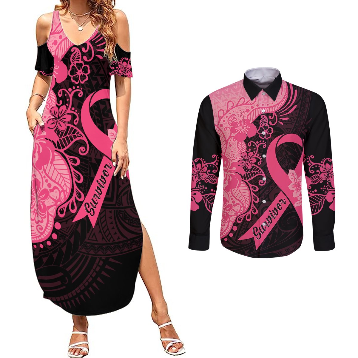 Polynesian Couples Matching Summer Maxi Dress and Long Sleeve Button Shirts Plumeria Breast Cancer Awareness Survivor Ribbon Pink LT7 - Wonder Print Shop