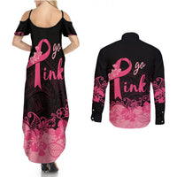 Polynesian Couples Matching Summer Maxi Dress and Long Sleeve Button Shirts Plumeria Breast Cancer Awareness Survivor Ribbon Pink LT7 - Wonder Print Shop