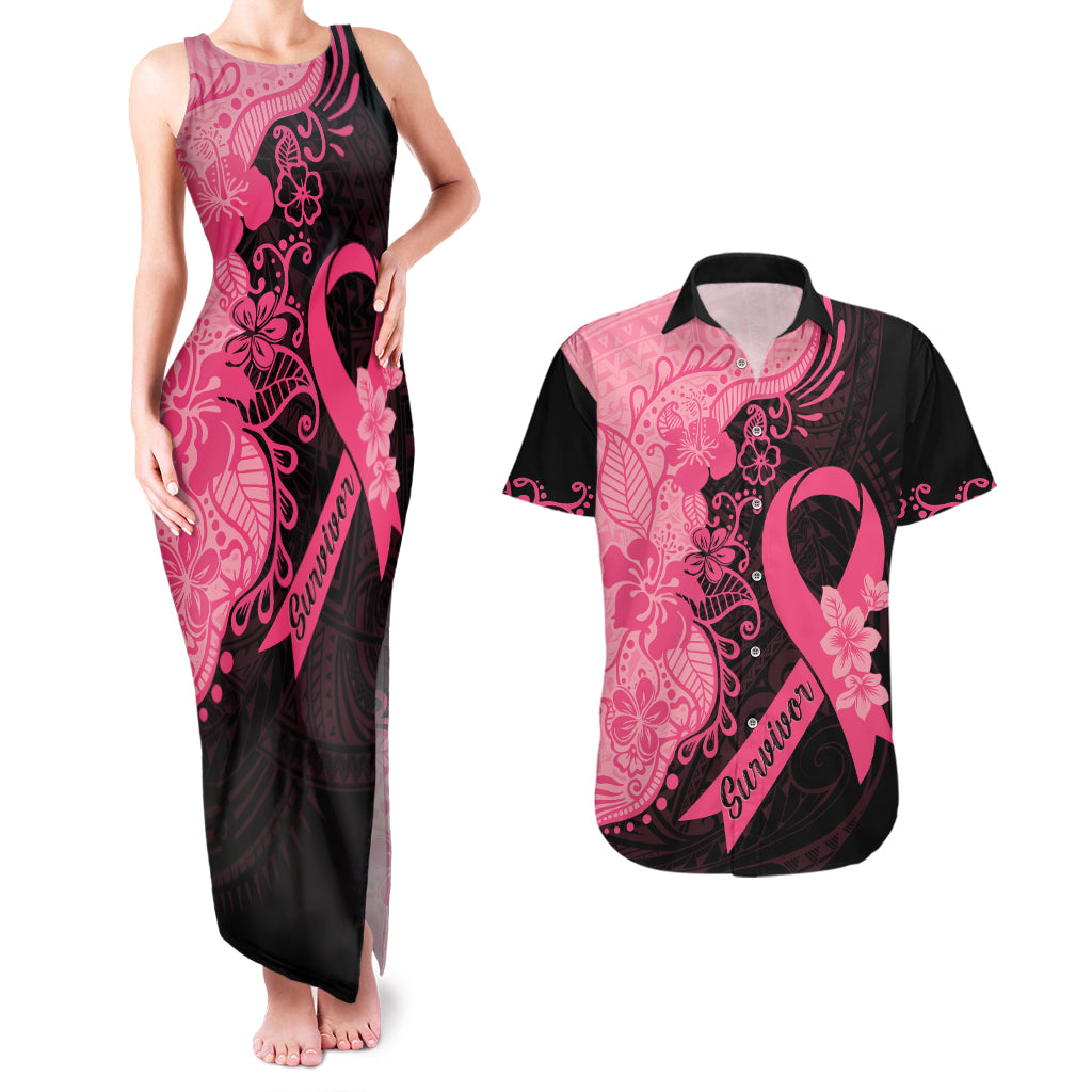 Polynesian Couples Matching Tank Maxi Dress and Hawaiian Shirt Plumeria Breast Cancer Awareness Survivor Ribbon Pink LT7 - Wonder Print Shop