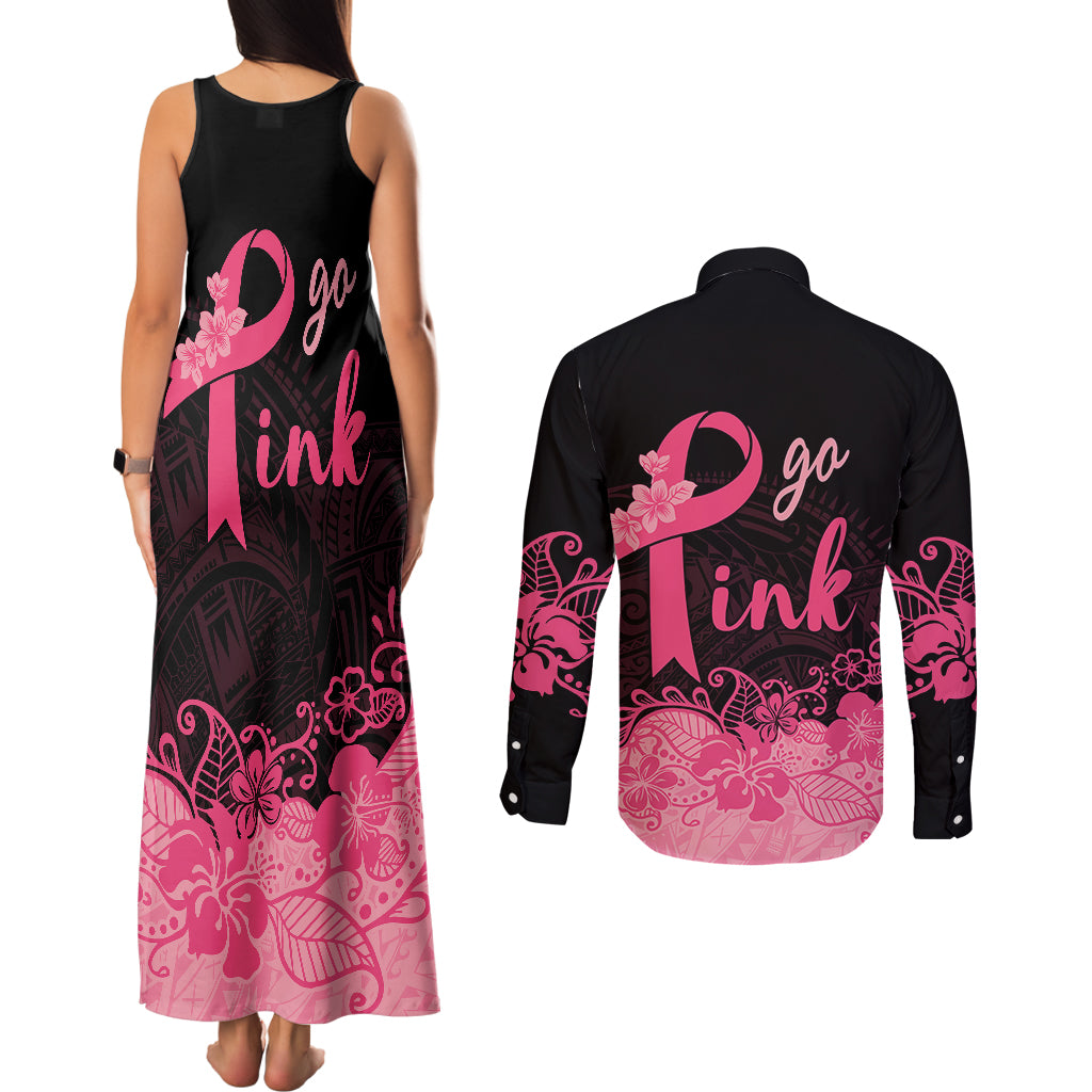 Polynesian Couples Matching Tank Maxi Dress and Long Sleeve Button Shirts Plumeria Breast Cancer Awareness Survivor Ribbon Pink LT7 - Wonder Print Shop