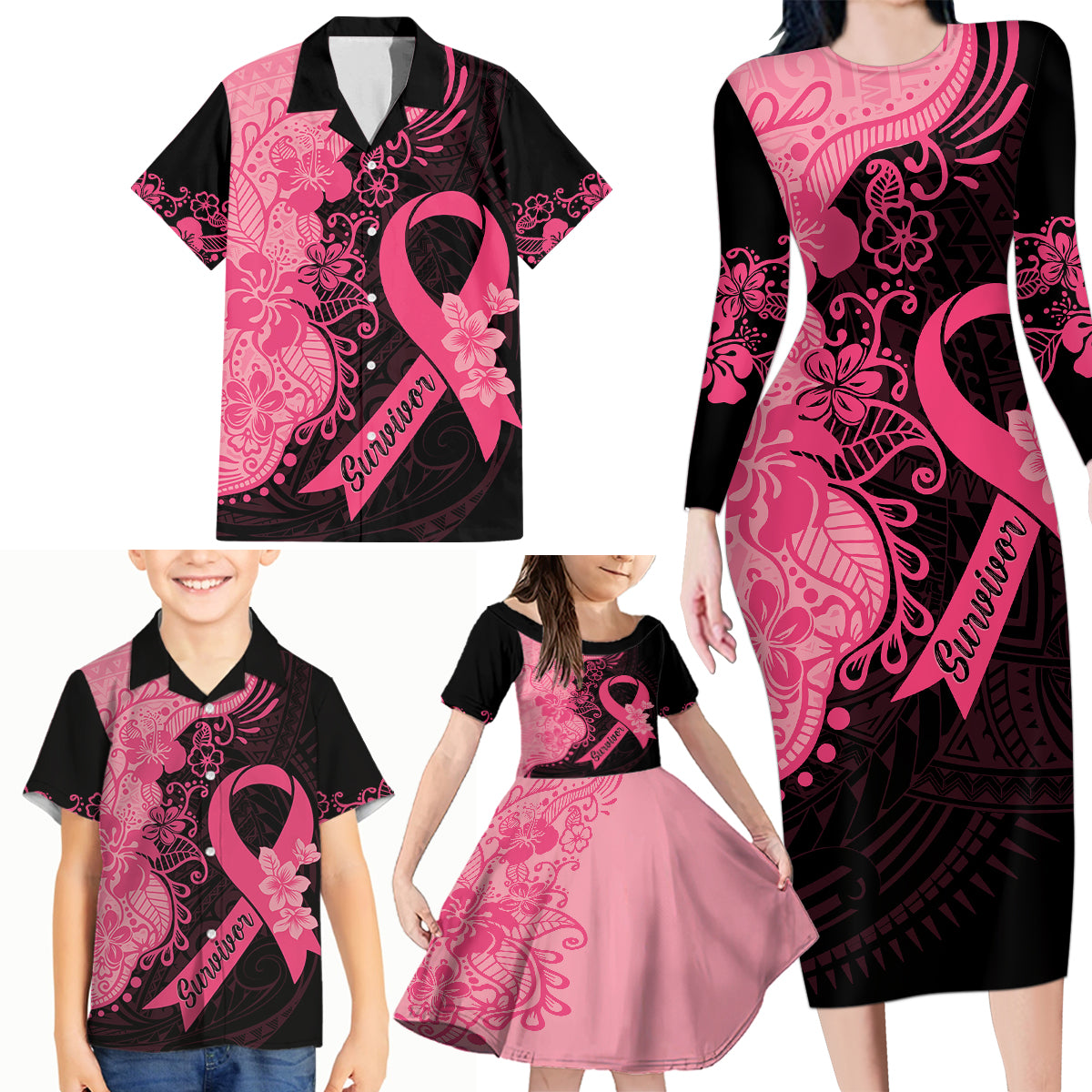 Polynesian Family Matching Long Sleeve Bodycon Dress and Hawaiian Shirt Plumeria Breast Cancer Awareness Survivor Ribbon Pink LT7 - Wonder Print Shop