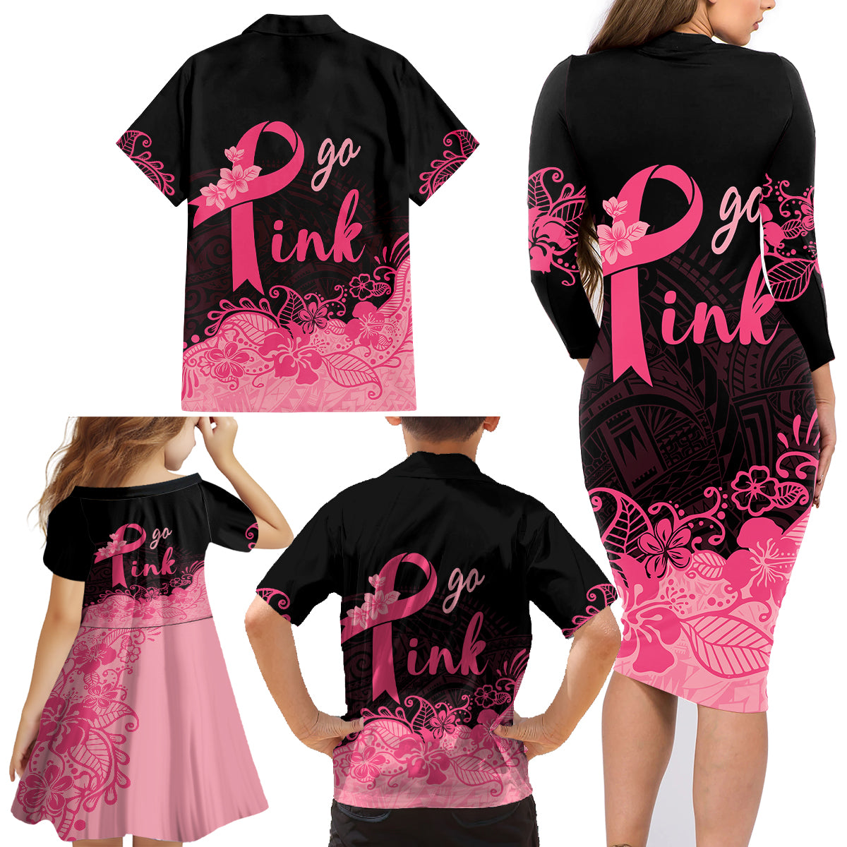 Polynesian Family Matching Long Sleeve Bodycon Dress and Hawaiian Shirt Plumeria Breast Cancer Awareness Survivor Ribbon Pink LT7 - Wonder Print Shop