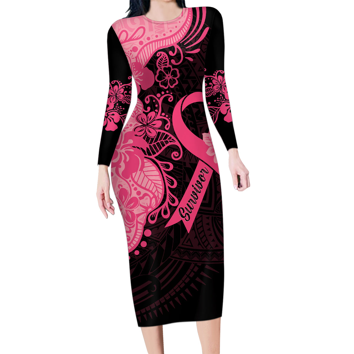 Polynesian Family Matching Long Sleeve Bodycon Dress and Hawaiian Shirt Plumeria Breast Cancer Awareness Survivor Ribbon Pink LT7 - Wonder Print Shop
