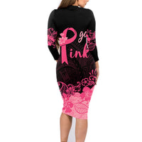 Polynesian Family Matching Long Sleeve Bodycon Dress and Hawaiian Shirt Plumeria Breast Cancer Awareness Survivor Ribbon Pink LT7 - Wonder Print Shop
