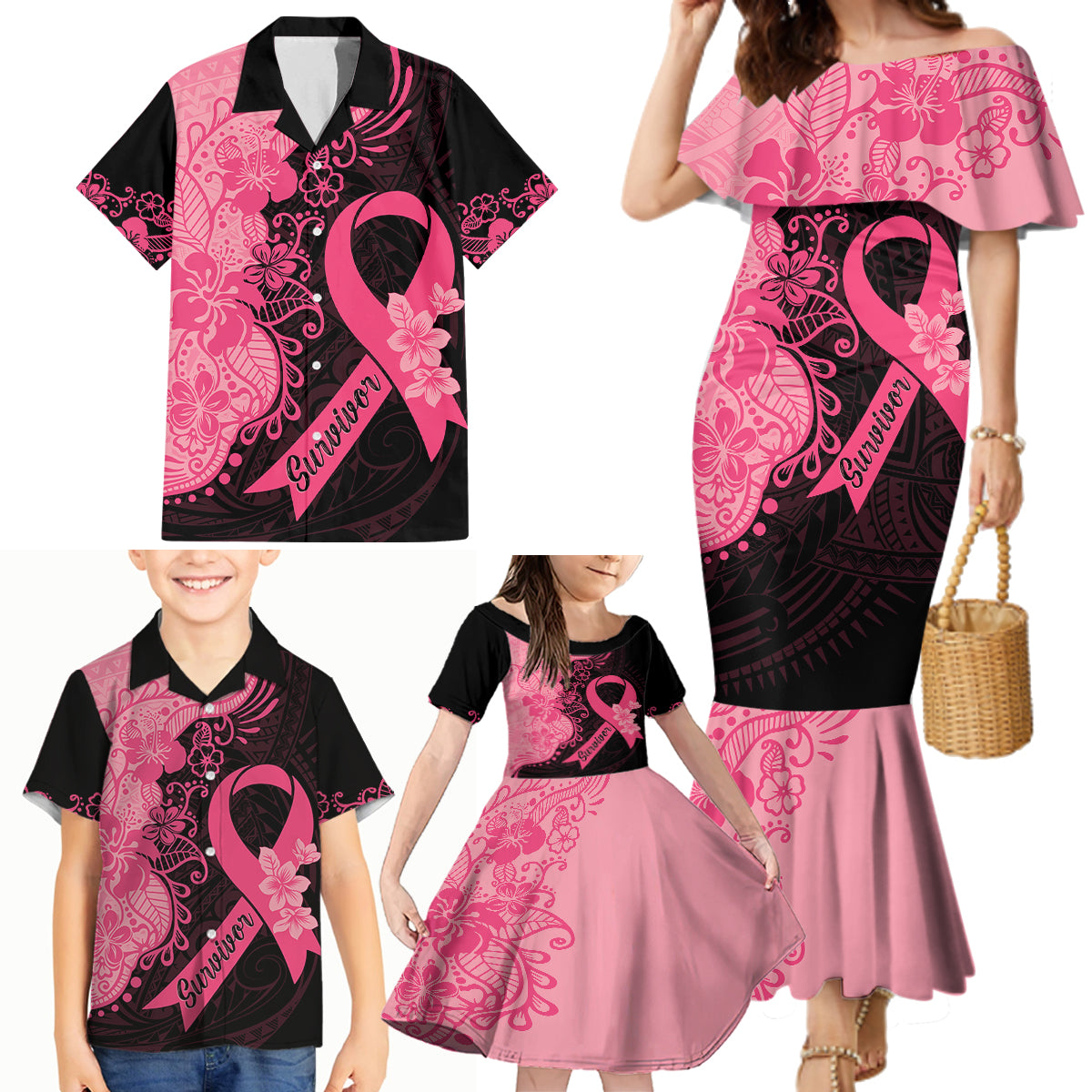 Polynesian Family Matching Mermaid Dress and Hawaiian Shirt Plumeria Breast Cancer Awareness Survivor Ribbon Pink LT7 - Wonder Print Shop
