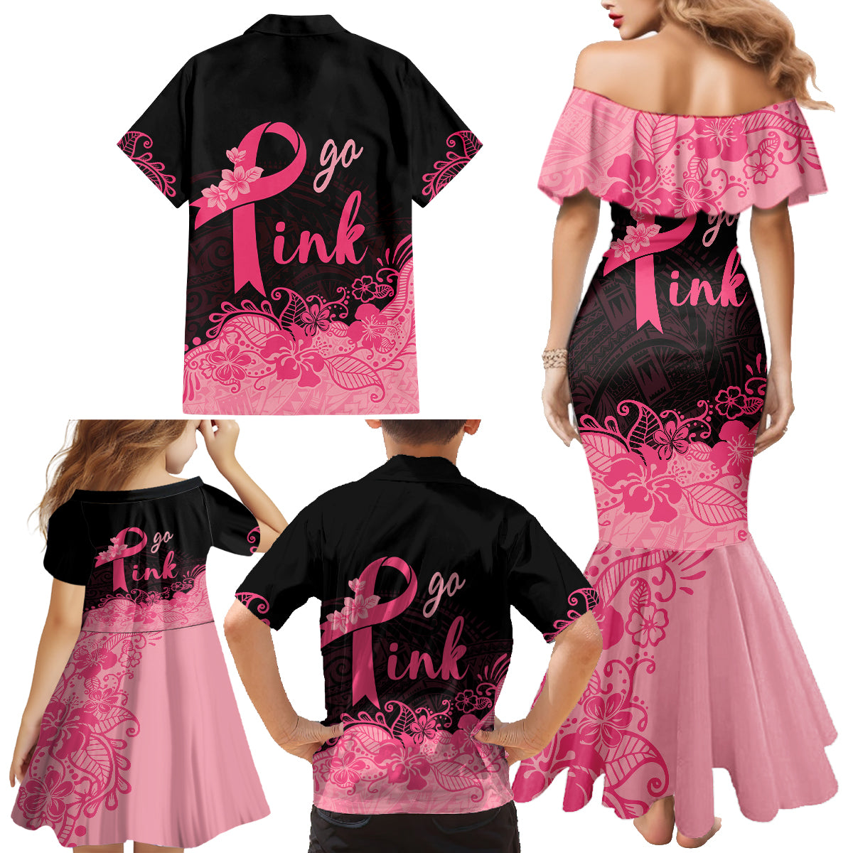 Polynesian Family Matching Mermaid Dress and Hawaiian Shirt Plumeria Breast Cancer Awareness Survivor Ribbon Pink LT7 - Wonder Print Shop