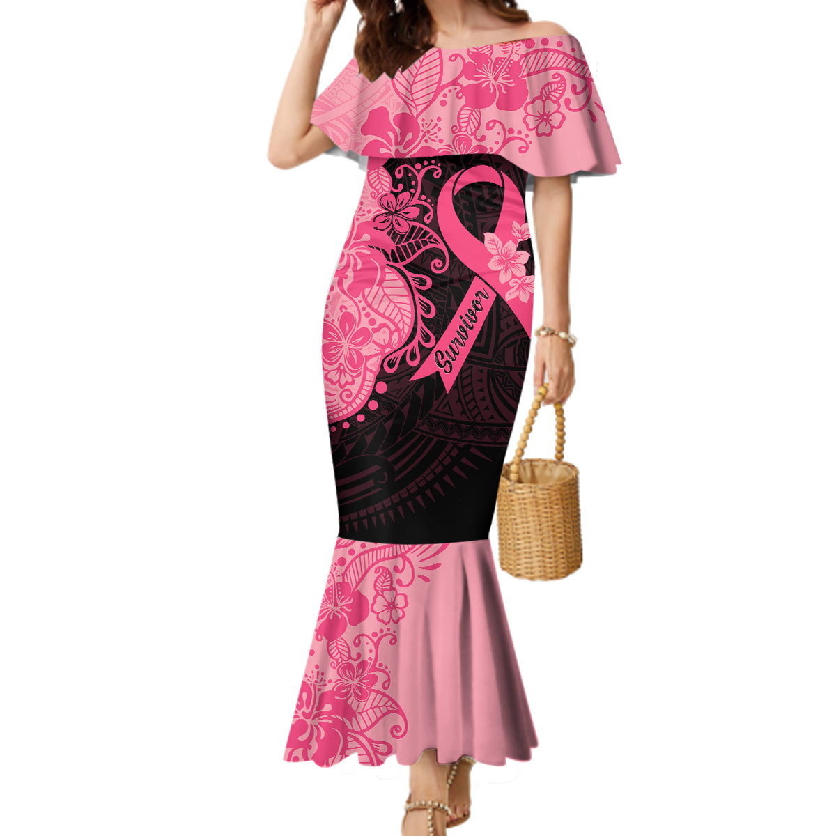 Polynesian Family Matching Mermaid Dress and Hawaiian Shirt Plumeria Breast Cancer Awareness Survivor Ribbon Pink LT7 - Wonder Print Shop
