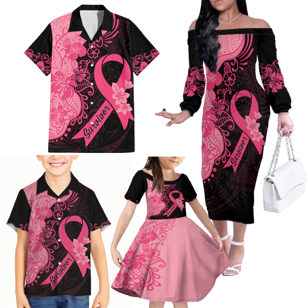 Polynesian Family Matching Off Shoulder Long Sleeve Dress and Hawaiian Shirt Plumeria Breast Cancer Awareness Survivor Ribbon Pink - Wonder Print Shop