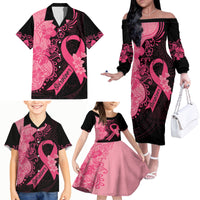 Polynesian Family Matching Off Shoulder Long Sleeve Dress and Hawaiian Shirt Plumeria Breast Cancer Awareness Survivor Ribbon Pink - Wonder Print Shop