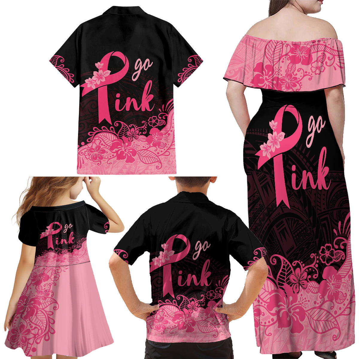 Polynesian Family Matching Off Shoulder Long Sleeve Dress and Hawaiian Shirt Plumeria Breast Cancer Awareness Survivor Ribbon Pink - Wonder Print Shop