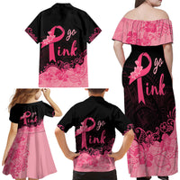 Polynesian Family Matching Off Shoulder Long Sleeve Dress and Hawaiian Shirt Plumeria Breast Cancer Awareness Survivor Ribbon Pink - Wonder Print Shop