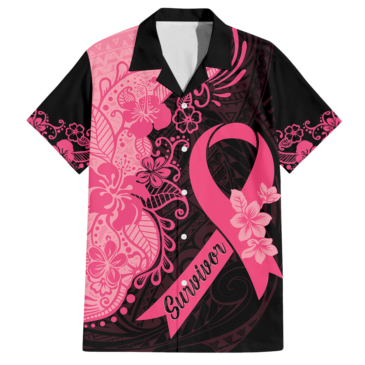 Polynesian Family Matching Off Shoulder Long Sleeve Dress and Hawaiian Shirt Plumeria Breast Cancer Awareness Survivor Ribbon Pink - Wonder Print Shop