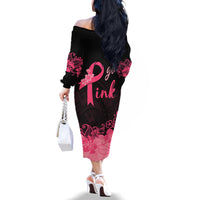 Polynesian Family Matching Off Shoulder Long Sleeve Dress and Hawaiian Shirt Plumeria Breast Cancer Awareness Survivor Ribbon Pink - Wonder Print Shop