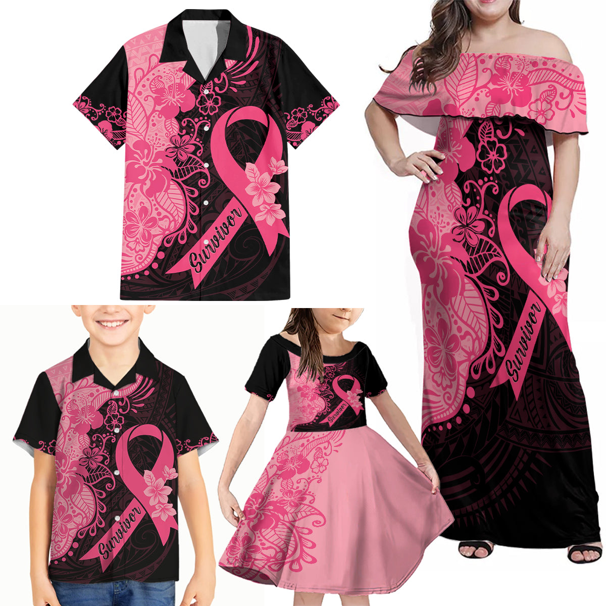 Polynesian Family Matching Off Shoulder Maxi Dress and Hawaiian Shirt Plumeria Breast Cancer Awareness Survivor Ribbon Pink LT7 - Wonder Print Shop