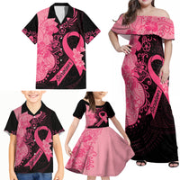 Polynesian Family Matching Off Shoulder Maxi Dress and Hawaiian Shirt Plumeria Breast Cancer Awareness Survivor Ribbon Pink LT7 - Wonder Print Shop