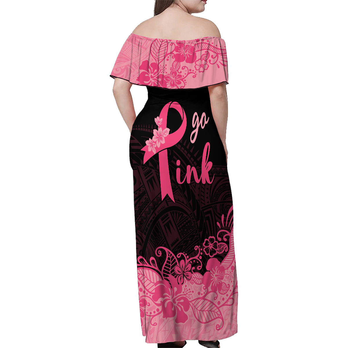Polynesian Family Matching Off Shoulder Maxi Dress and Hawaiian Shirt Plumeria Breast Cancer Awareness Survivor Ribbon Pink LT7 - Wonder Print Shop