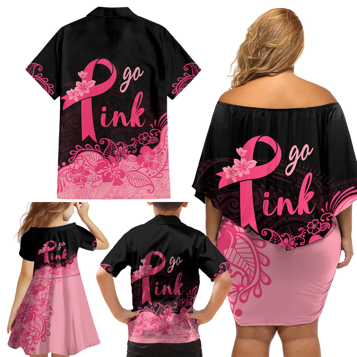 Polynesian Family Matching Off Shoulder Short Dress and Hawaiian Shirt Plumeria Breast Cancer Awareness Survivor Ribbon Pink LT7 - Wonder Print Shop