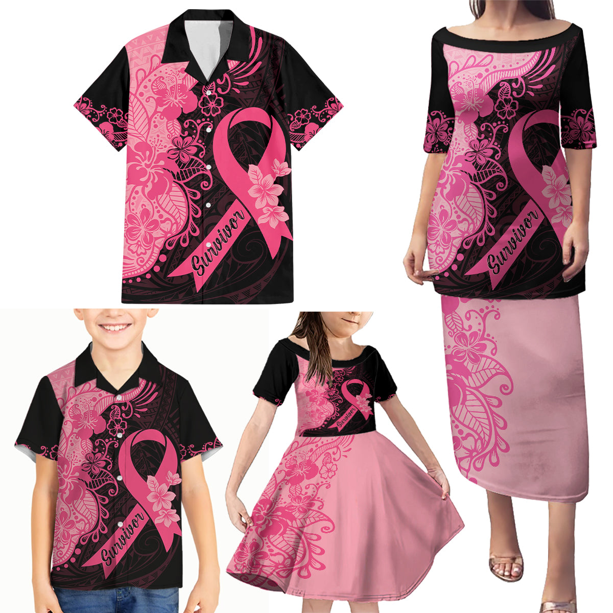 Polynesian Family Matching Puletasi Dress and Hawaiian Shirt Plumeria Breast Cancer Awareness Survivor Ribbon Pink - Wonder Print Shop
