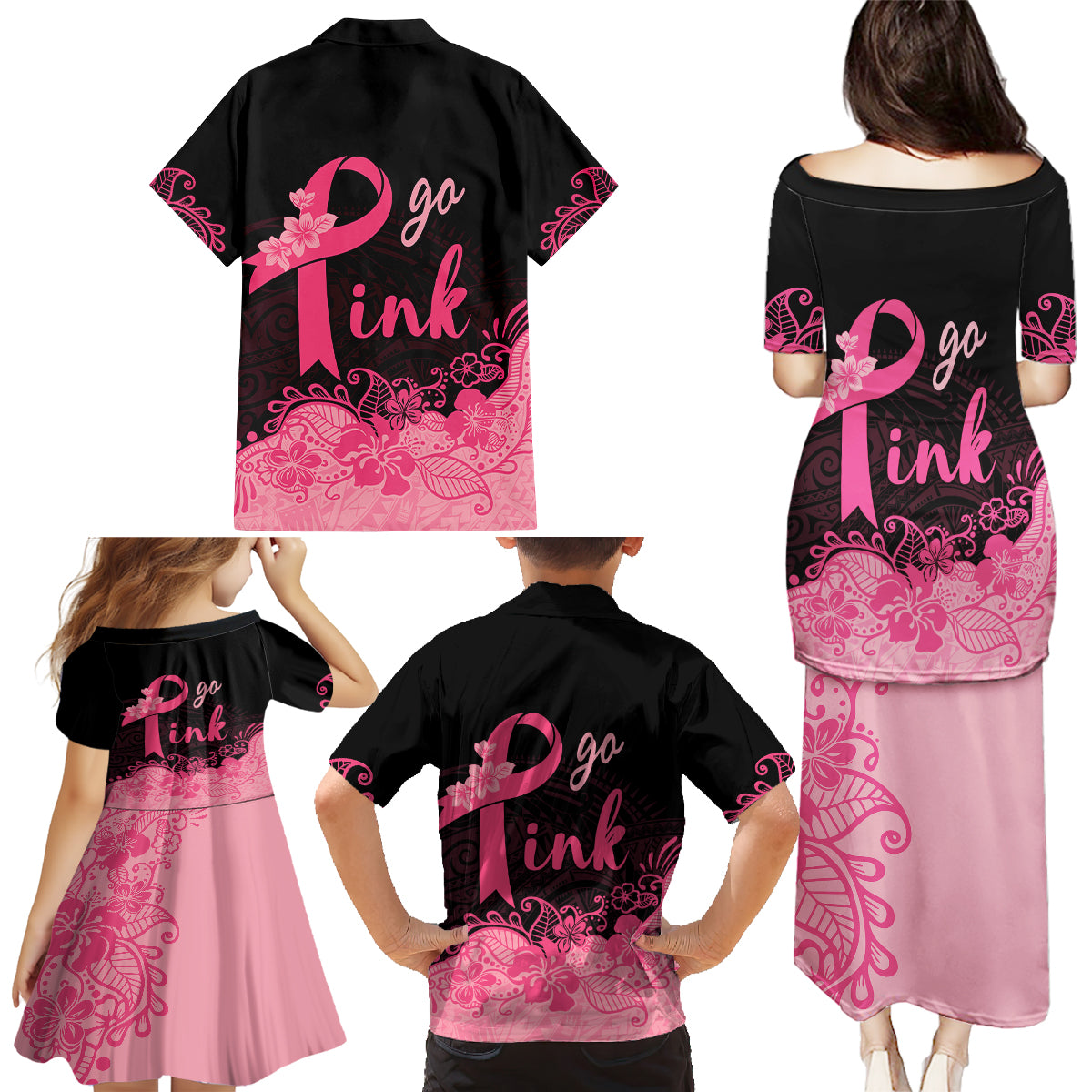 Polynesian Family Matching Puletasi Dress and Hawaiian Shirt Plumeria Breast Cancer Awareness Survivor Ribbon Pink - Wonder Print Shop
