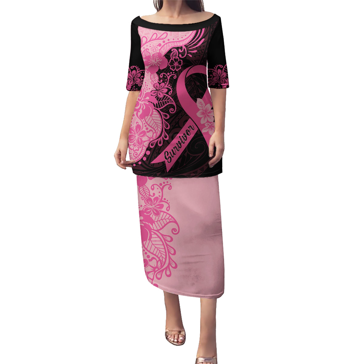Polynesian Family Matching Puletasi Dress and Hawaiian Shirt Plumeria Breast Cancer Awareness Survivor Ribbon Pink - Wonder Print Shop