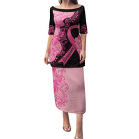 Polynesian Family Matching Puletasi Dress and Hawaiian Shirt Plumeria Breast Cancer Awareness Survivor Ribbon Pink - Wonder Print Shop