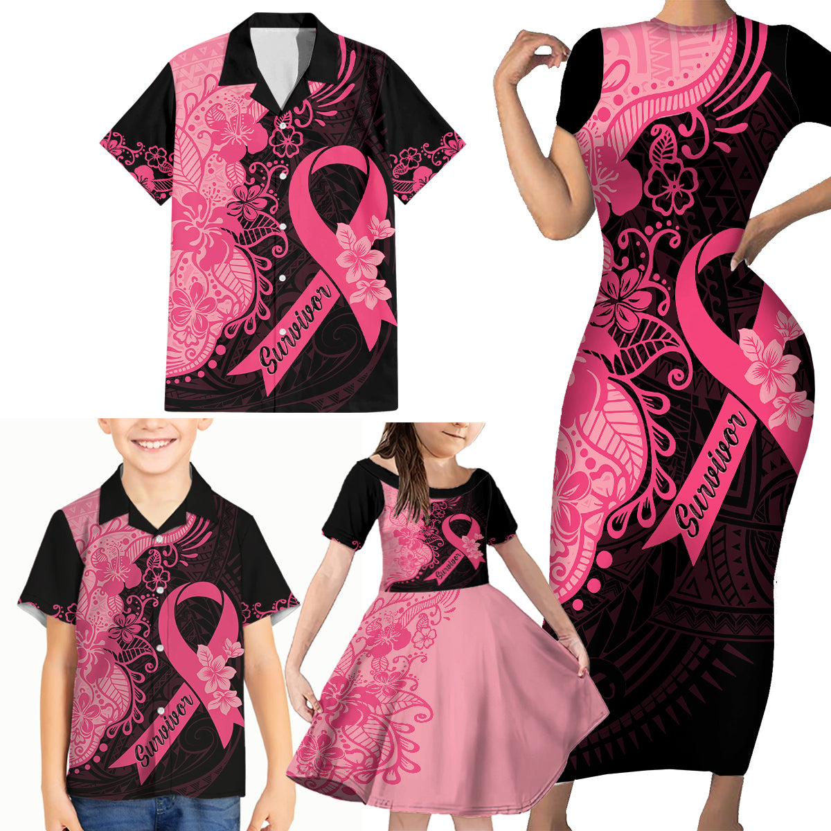 Polynesian Family Matching Short Sleeve Bodycon Dress and Hawaiian Shirt Plumeria Breast Cancer Awareness Survivor Ribbon Pink - Wonder Print Shop