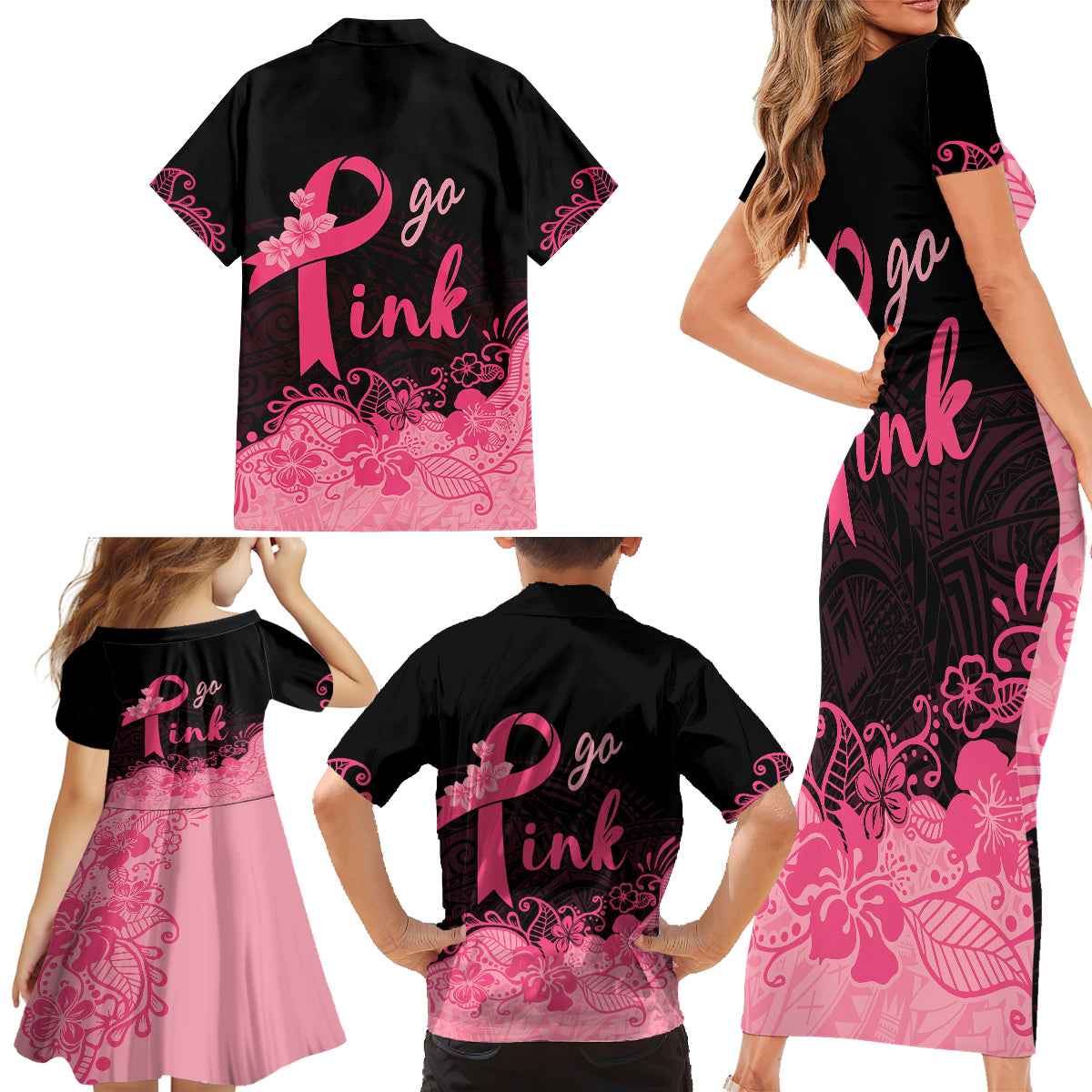 Polynesian Family Matching Short Sleeve Bodycon Dress and Hawaiian Shirt Plumeria Breast Cancer Awareness Survivor Ribbon Pink - Wonder Print Shop