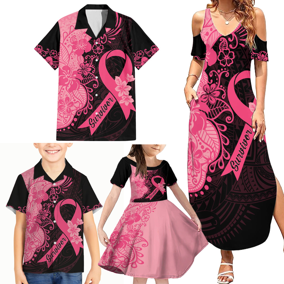 Polynesian Family Matching Summer Maxi Dress and Hawaiian Shirt Plumeria Breast Cancer Awareness Survivor Ribbon Pink - Wonder Print Shop