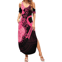 Polynesian Family Matching Summer Maxi Dress and Hawaiian Shirt Plumeria Breast Cancer Awareness Survivor Ribbon Pink - Wonder Print Shop