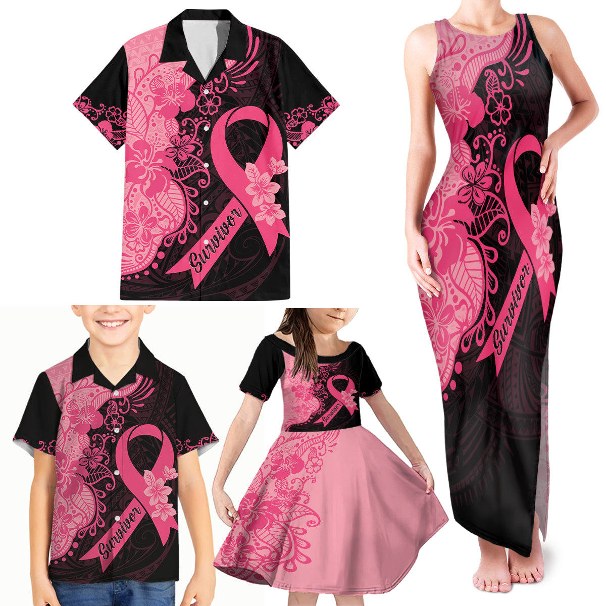 Polynesian Family Matching Tank Maxi Dress and Hawaiian Shirt Plumeria Breast Cancer Awareness Survivor Ribbon Pink - Wonder Print Shop