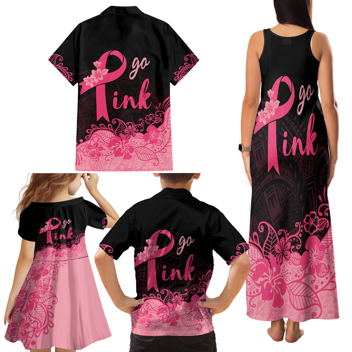 Polynesian Family Matching Tank Maxi Dress and Hawaiian Shirt Plumeria Breast Cancer Awareness Survivor Ribbon Pink - Wonder Print Shop